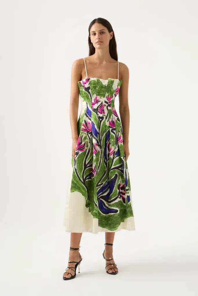 Aje Paradiso Cinched Midi Dress Sundress Green Floral Size AU 12 - Image 1