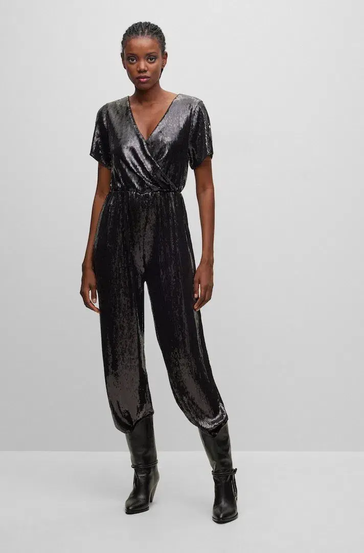 Hugo Boss Stretch Jersey Sequin Jumpsuit with Fixed Wrap Front Black Size AU 10 - Image 1