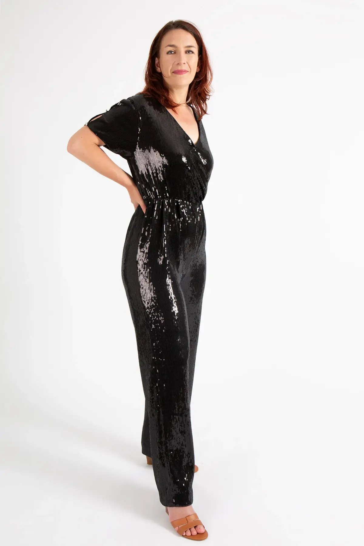 Hugo Boss Stretch Jersey Sequin Jumpsuit with Fixed Wrap Front Black Size AU 10 - Image 4