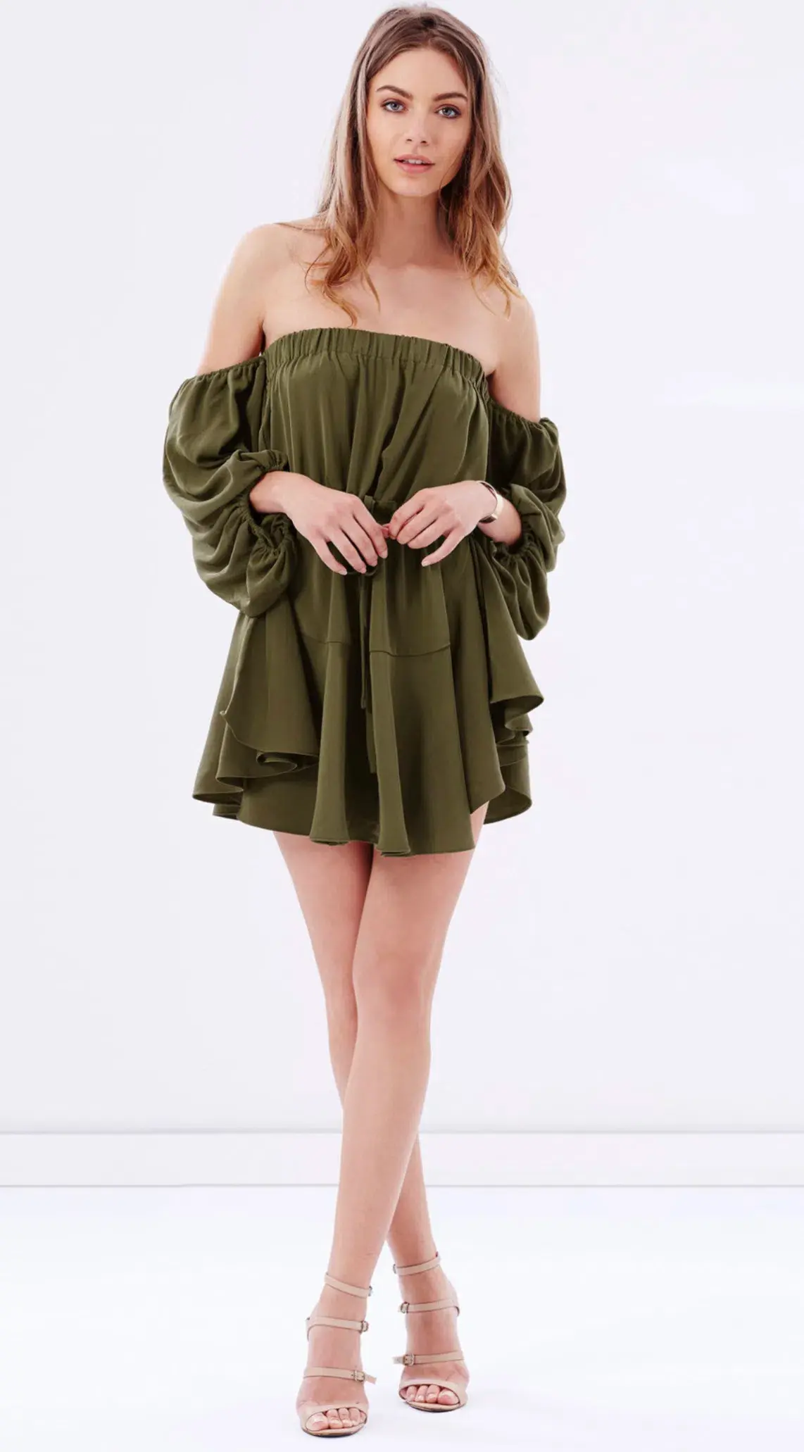 Shona Joy Leticia Off The Shoulder Tie Mini Dress Green Size 8 - Image 1