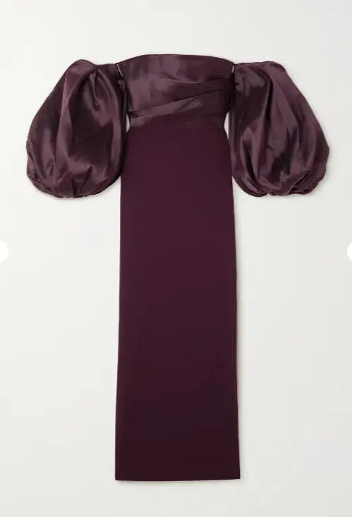 SOLACE LONDON Carmen off-the-shoulder gathered satin and crepe maxi dress for rent on The Volte - main image