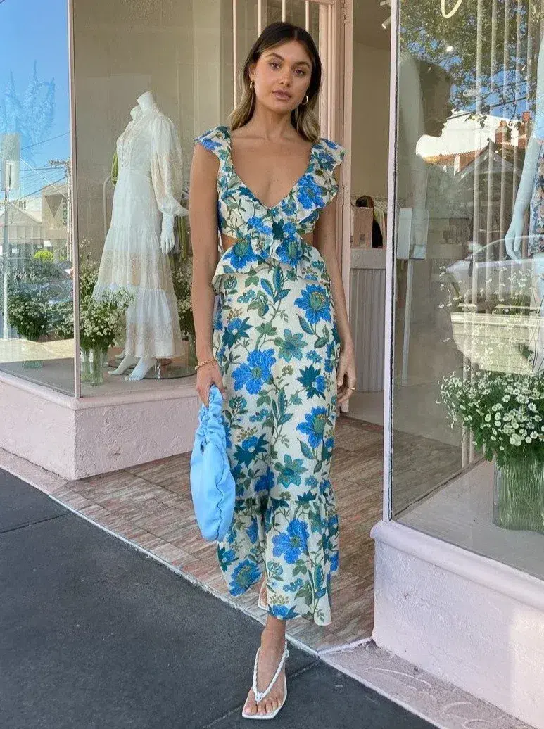 Sir Celia Frill Midi Cutout Dress In Marguerite Print Green Floral Size 2 / 10  - Image 8