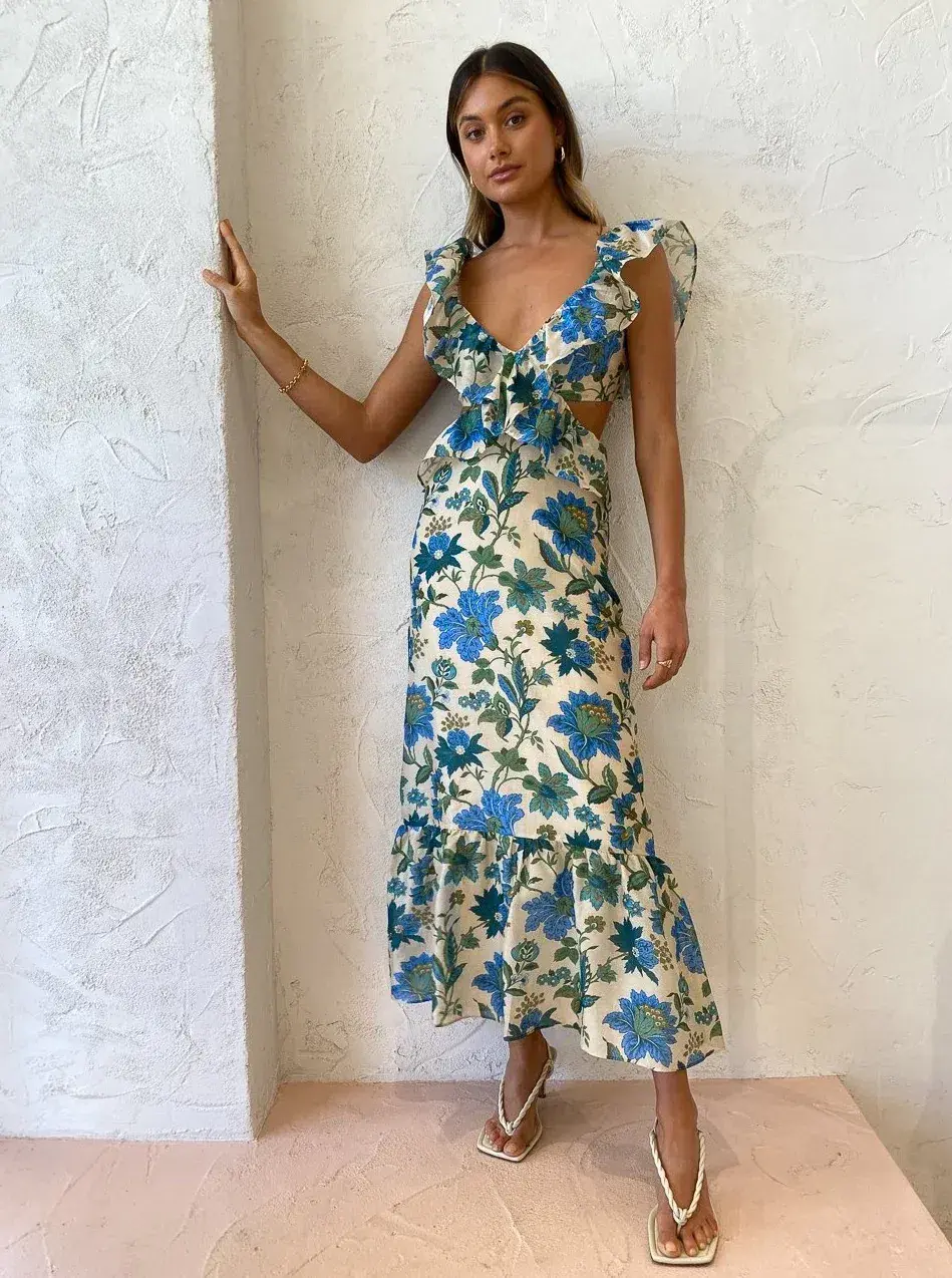 Sir Celia Frill Midi Cutout Dress In Marguerite Print Green Floral Size 2 / 10  - Image 1