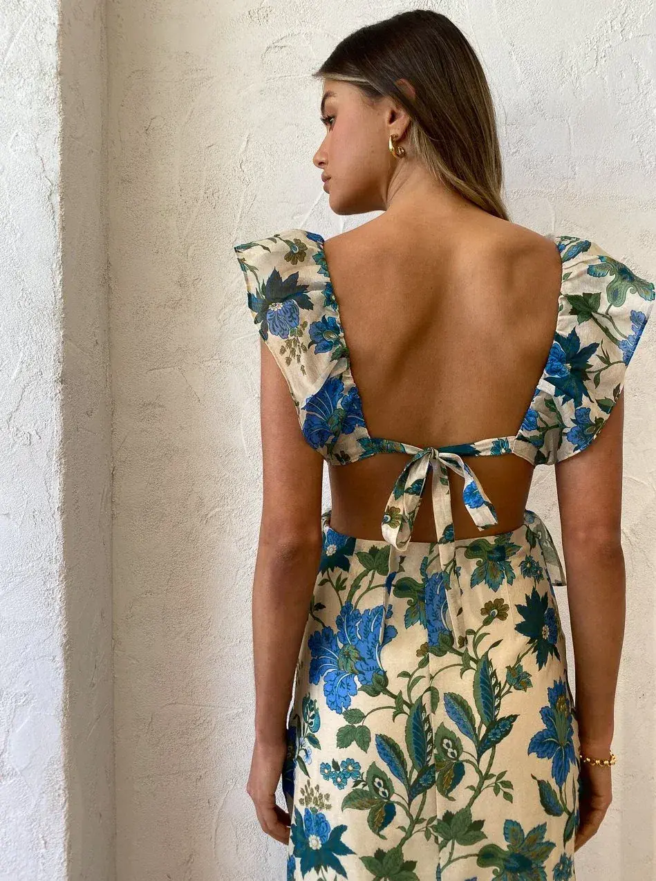 Sir Celia Frill Midi Cutout Dress In Marguerite Print Green Floral Size 2 / 10  - Image 6