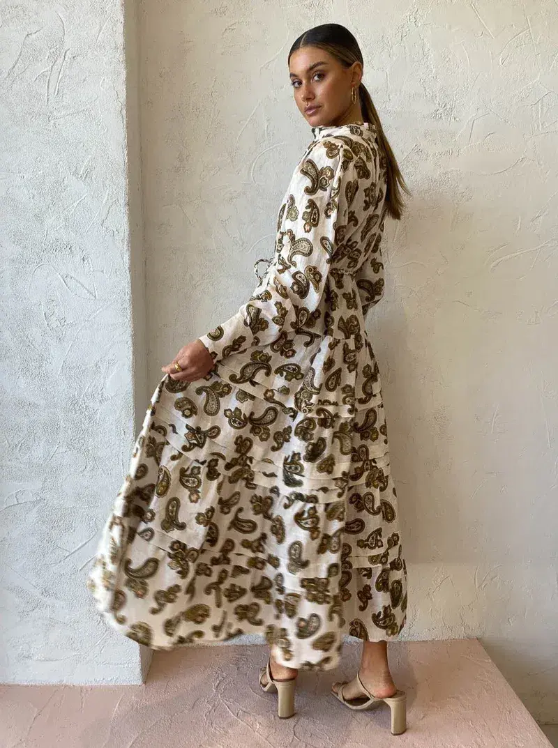 Alemais Mia Paisley Linen Midi Dress Cream Paisley Size 6  - Image 4