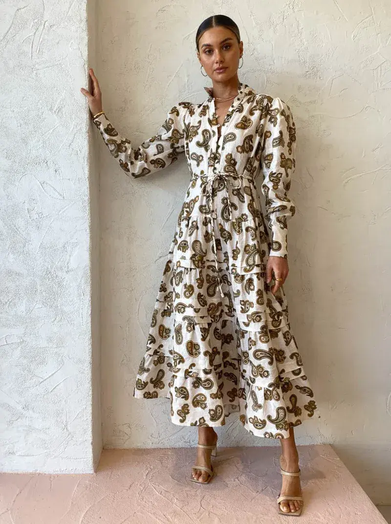 Alemais Mia Paisley Linen Midi Dress Cream Paisley Size 6  - Image 1