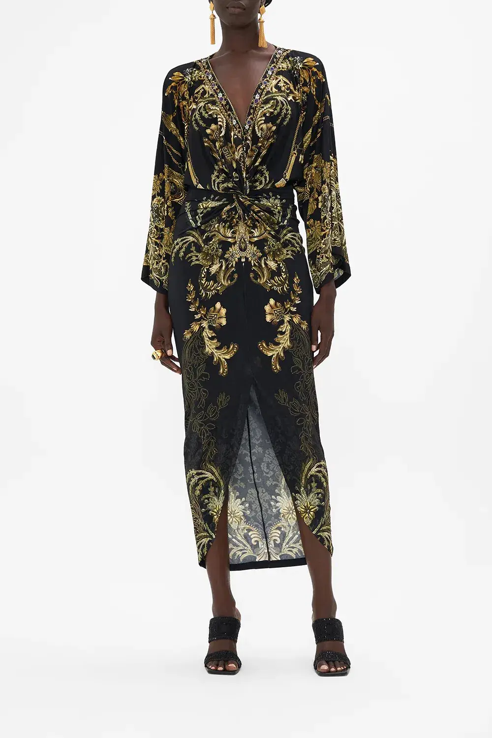Camilla Long Split Front Twist Dress The Night Is Noir Print Size 8 - Image 1