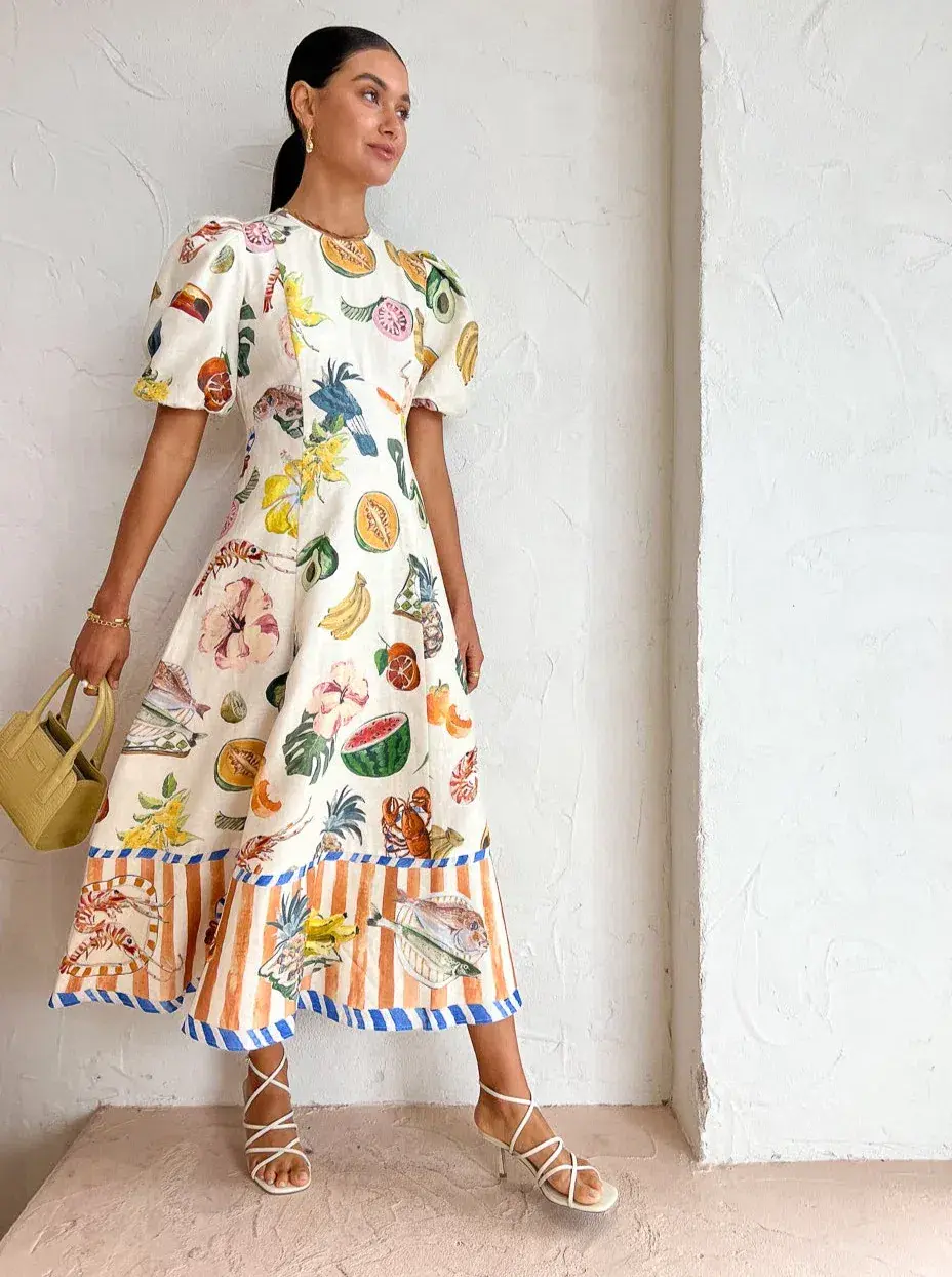 Alemais Theo Midi Linen Puff Sleeve Dress Print Size 12 - Image 2