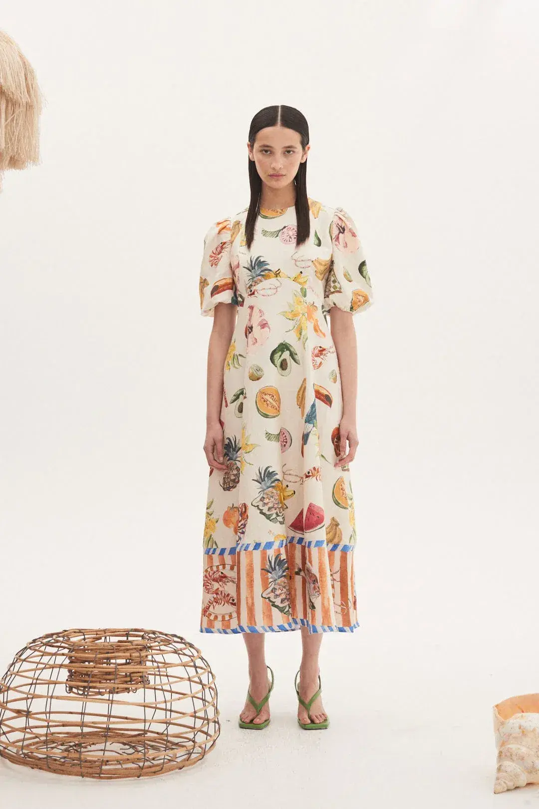 Alemais Theo Midi Linen Puff Sleeve Dress Print Size 12 - Image 4