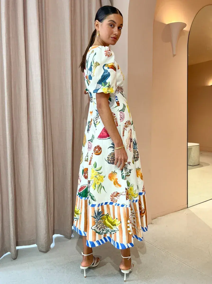 Alemais Theo Midi Linen Puff Sleeve Dress Print Size 12 - Image 3