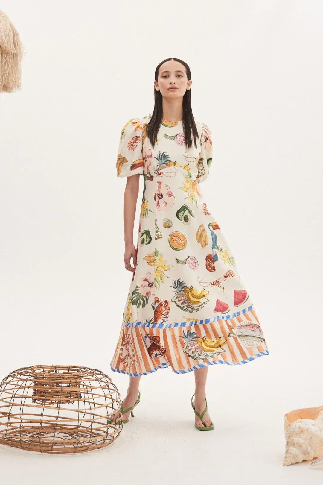 Alemais Theo Midi Linen Puff Sleeve Dress Print Size 12 - Image 5