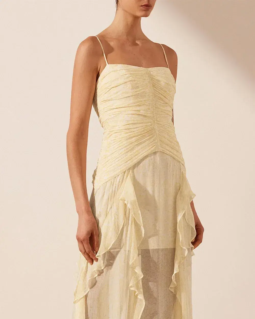 Shona Joy Gina Ruched Frill Maxi Dress in Limoncello Size 6 - Image 4