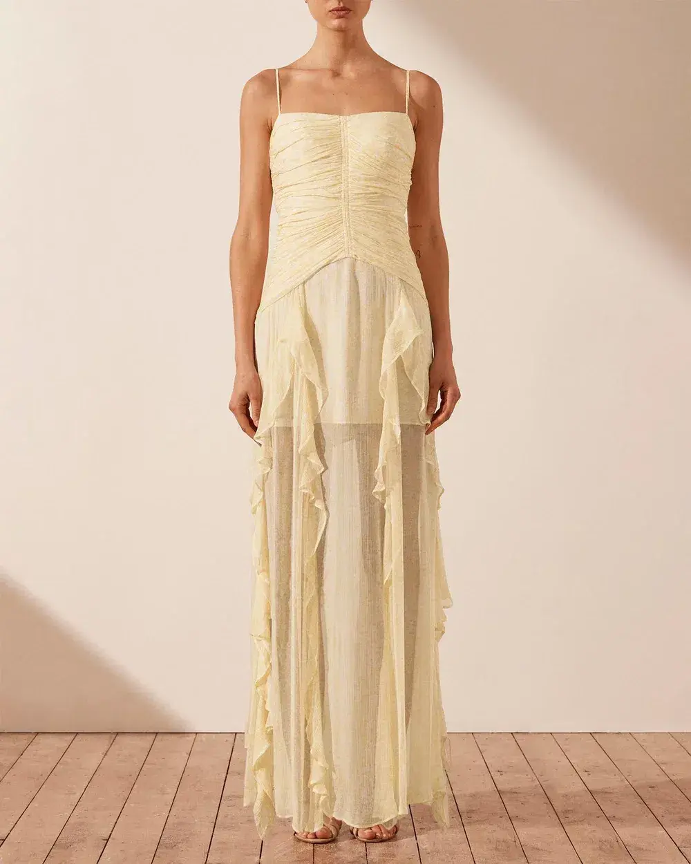 Shona Joy Gina Ruched Frill Maxi Dress in Limoncello Size 6 for rent on The Volte - main image