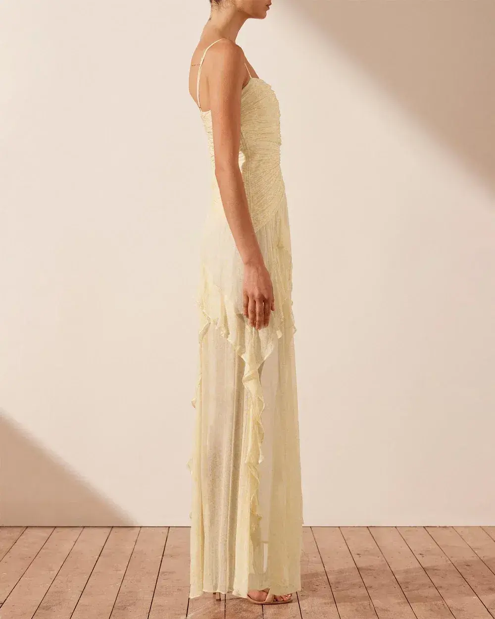 Shona Joy Gina Ruched Frill Maxi Dress in Limoncello Size 6 for rent on The Volte - main image