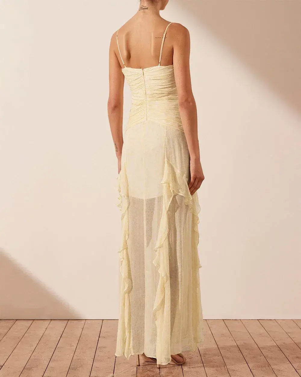 Shona Joy Gina Ruched Frill Maxi Dress in Limoncello Size 6 for rent on The Volte - main image