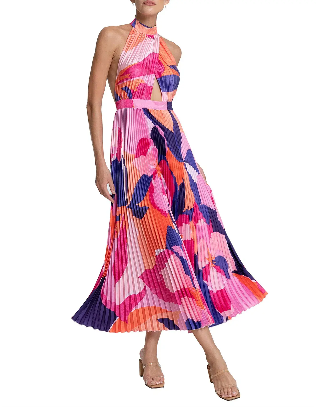 L'Idee Renaissance Halterneck Pleated Cutout Low Back Dress Capri Print Size 8 - Image 3