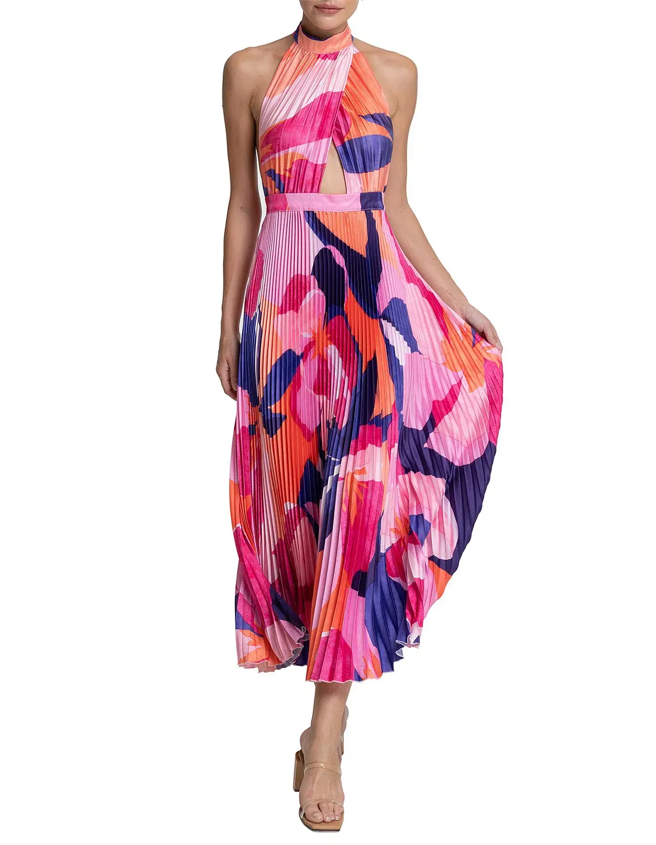 L'Idee Renaissance Halterneck Pleated Cutout Low Back Dress Capri Print Size 8 - Image 2