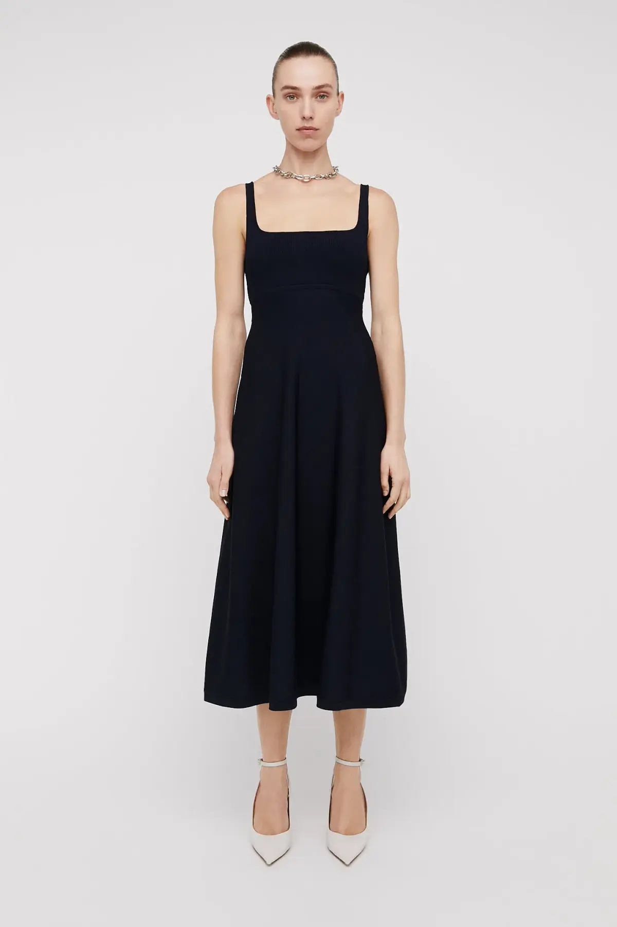 Scanlan Theodore Crepe Knit Square Neck Dress Navy Size M/AU 10 - Image 1