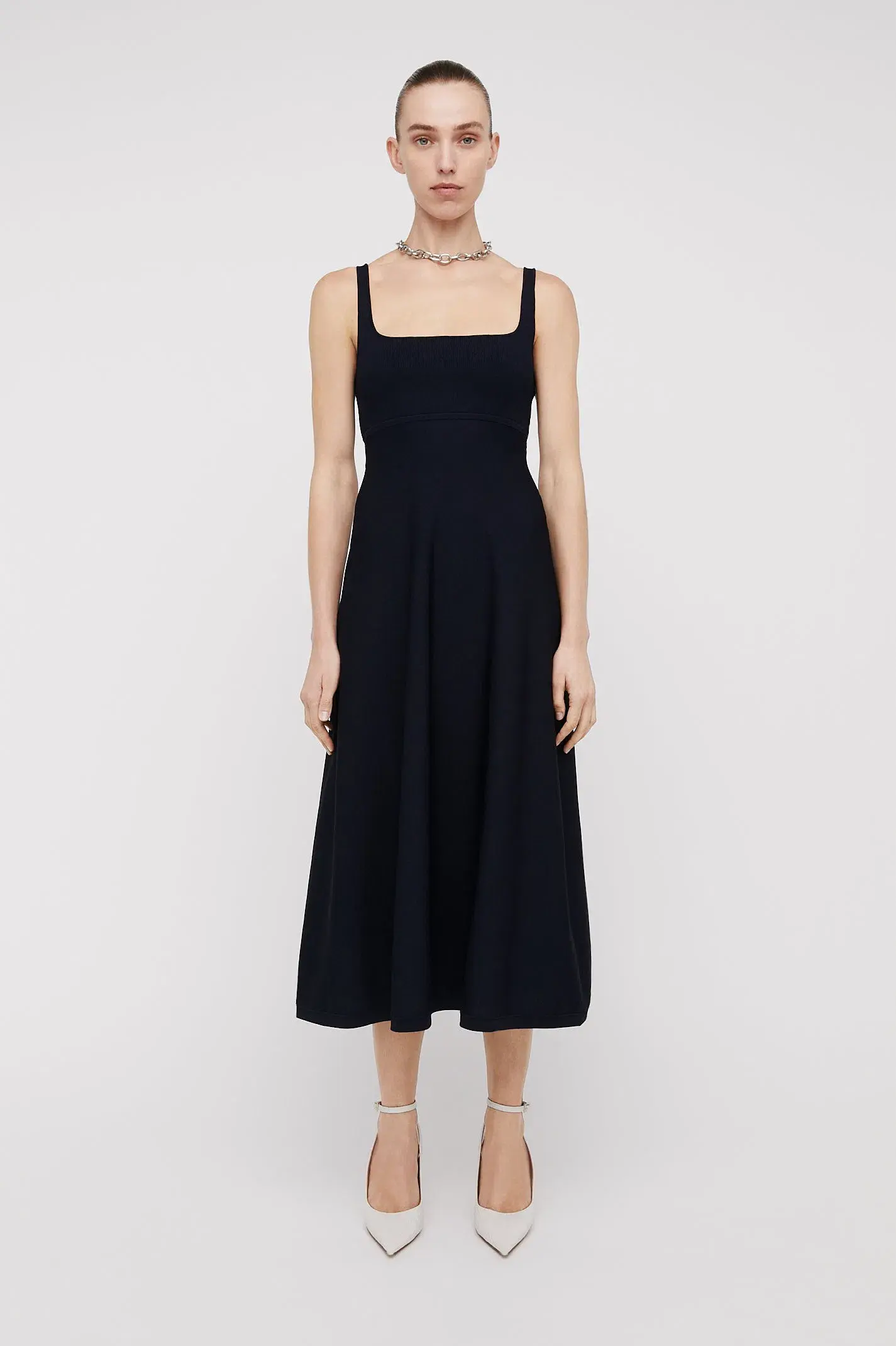 Scanlan Theodore Crepe Knit Square Neck Dress Navy Size M/AU 10 - Image 1
