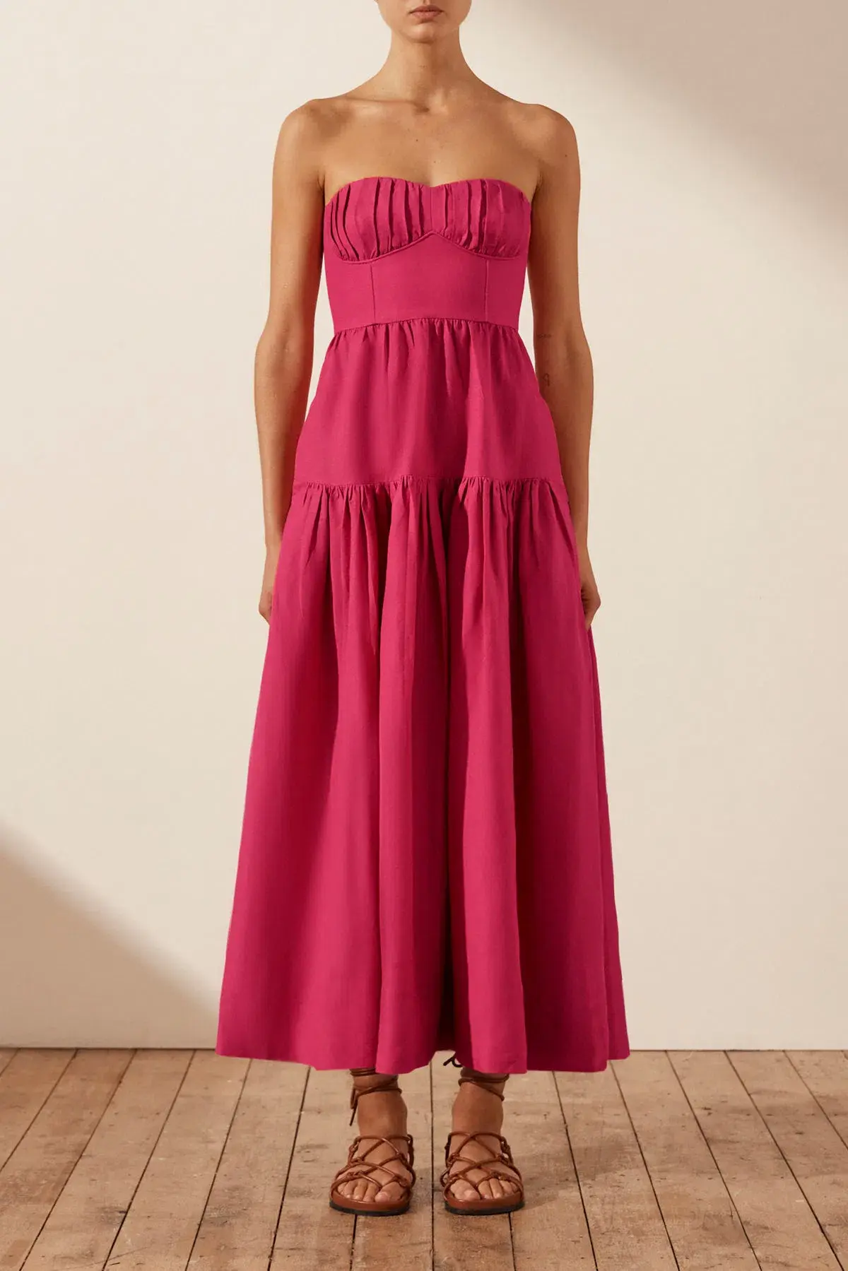 Shona Joy Joanine Linen Ruched Midi Dress Pink Size 14 / XL - Image 1