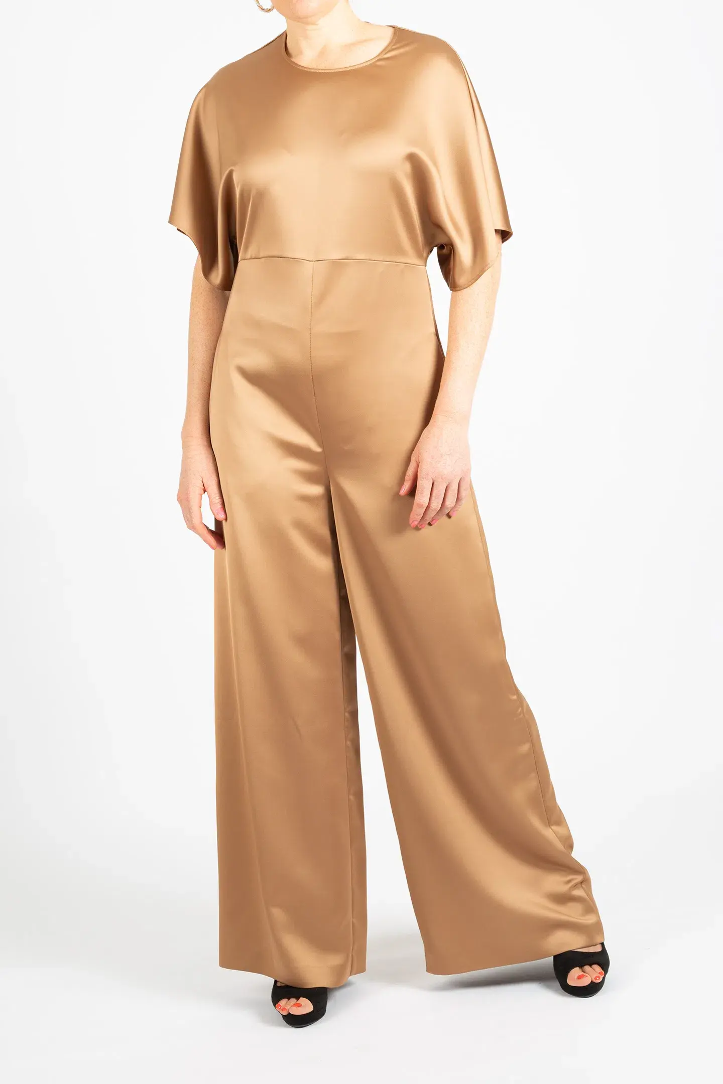 Hugo Boss Short-Sleeved Slim Fit Jumpsuit in Satin Gold Size 10 - Image 3
