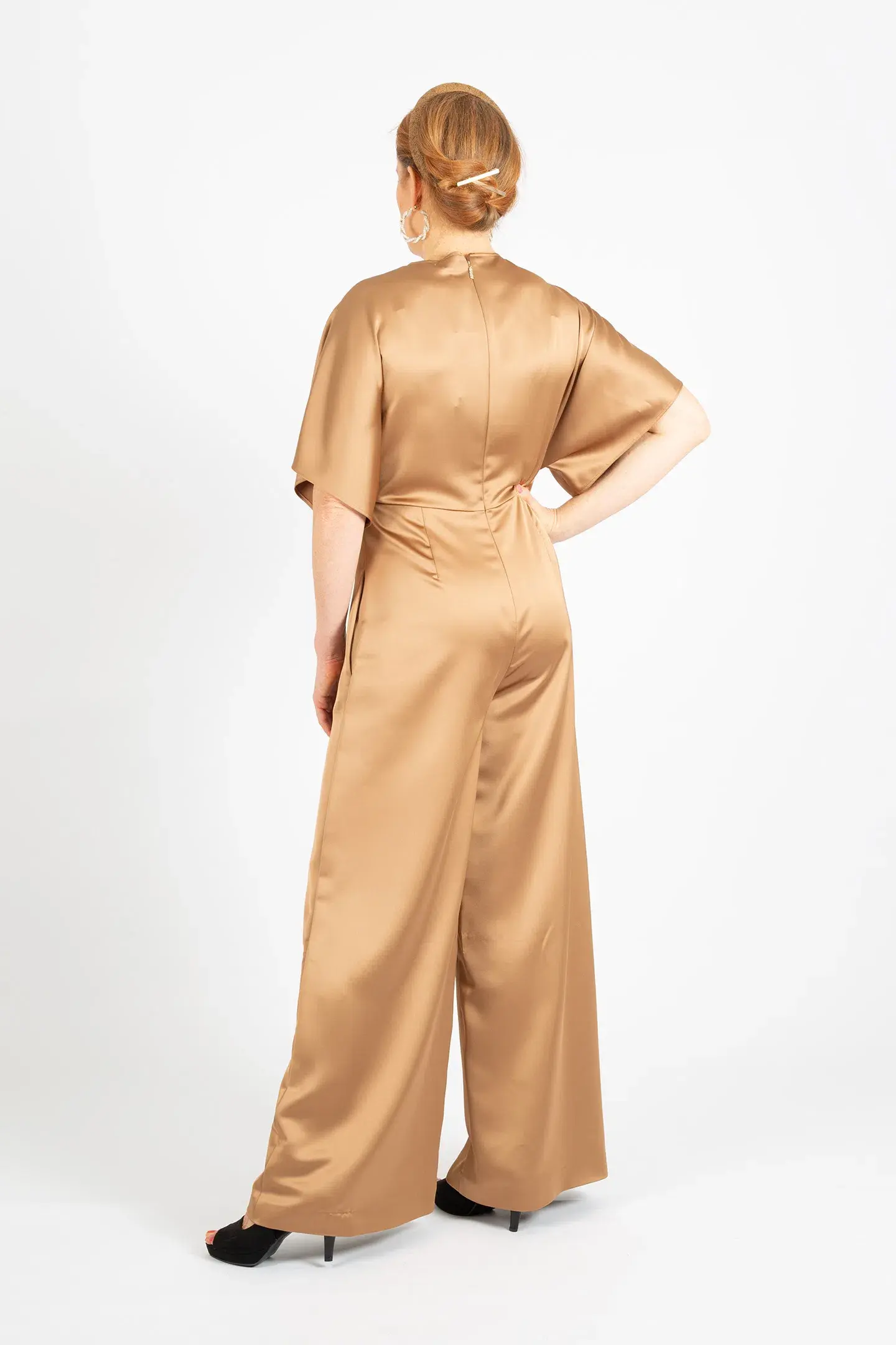 Hugo Boss Short-Sleeved Slim Fit Jumpsuit in Satin Gold Size 10 - Image 2