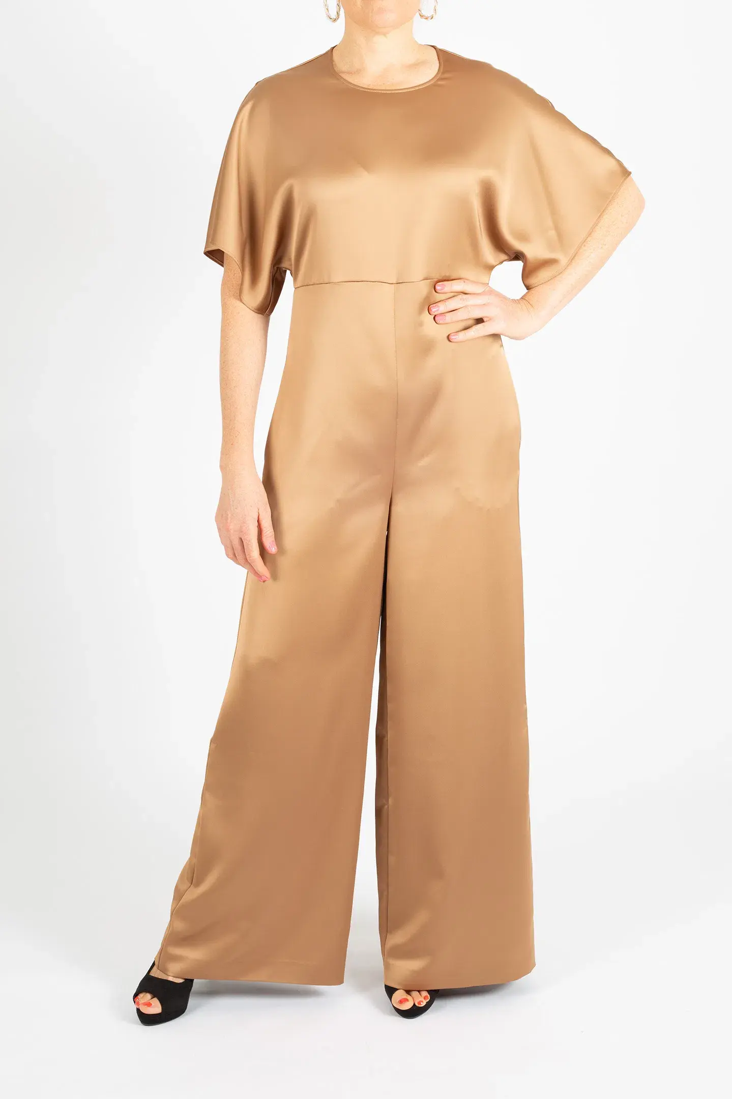 Hugo Boss Short-Sleeved Slim Fit Jumpsuit in Satin Gold Size 10 - Image 1