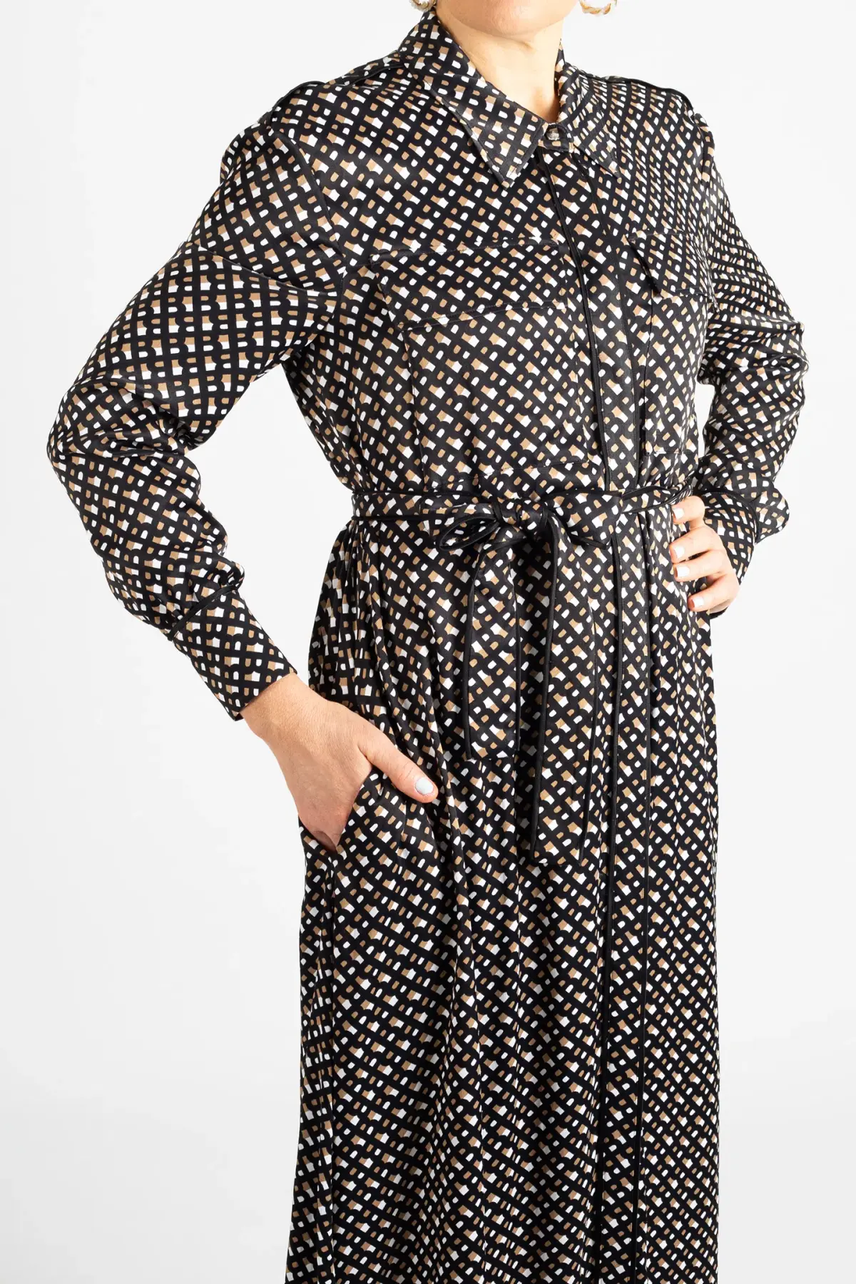 Hugo Boss Long-Sleeved Shirt Dress in Monogram-Print Fabric Patterned Size 10 - Image 5