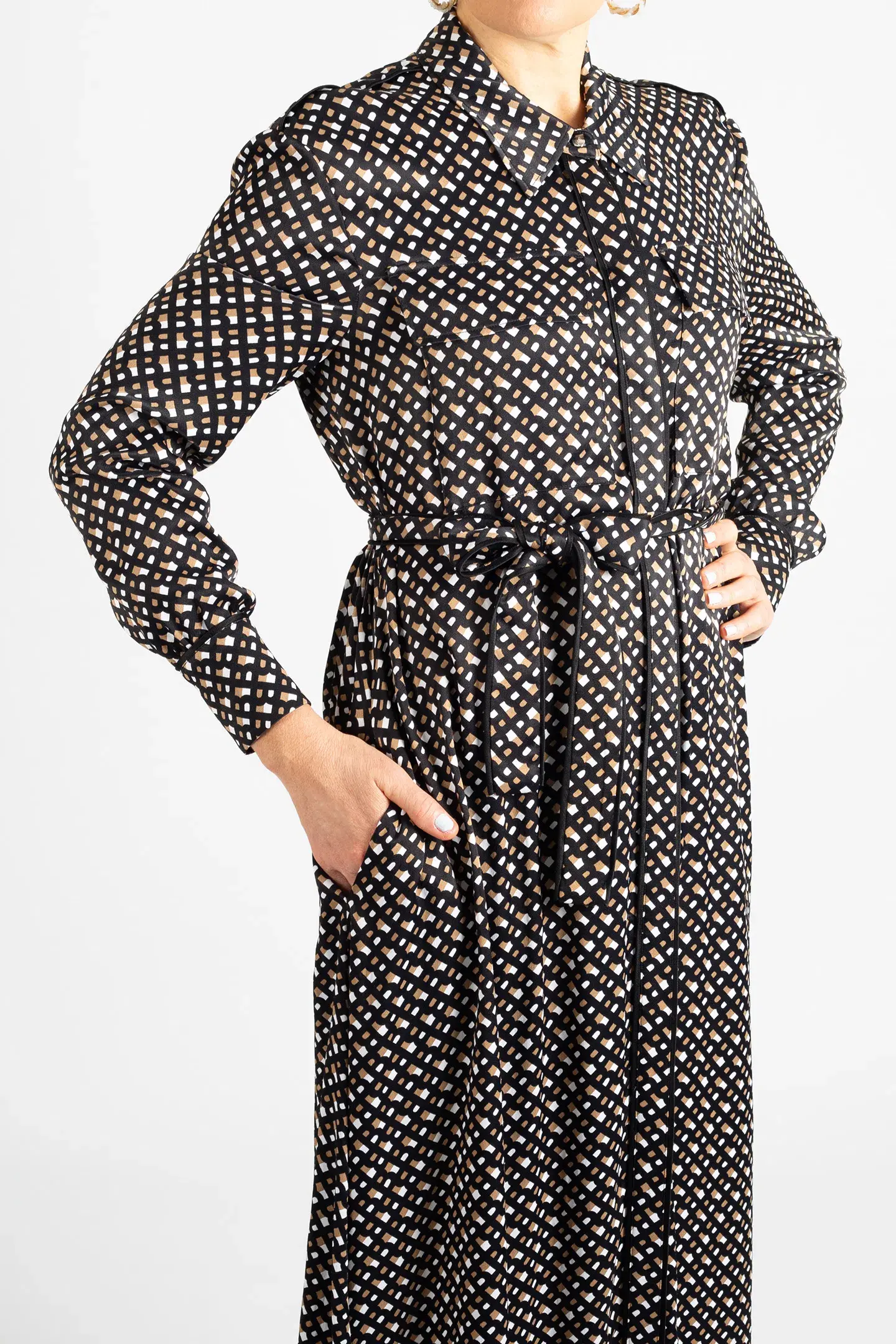 Hugo Boss Long-Sleeved Shirt Dress in Monogram-Print Fabric Patterned Size 10 - Image 5
