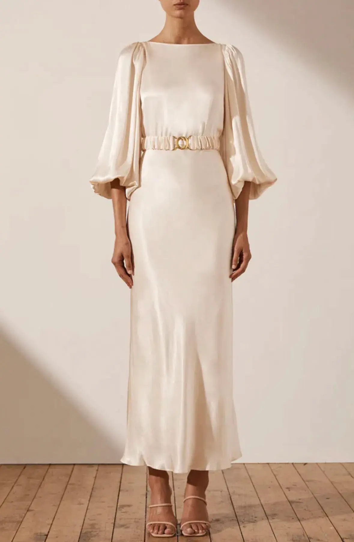 Shona Joy La Lune Balloon Sleeve Midi Dress with Belt Cream Size 6 / XS - Image 1
