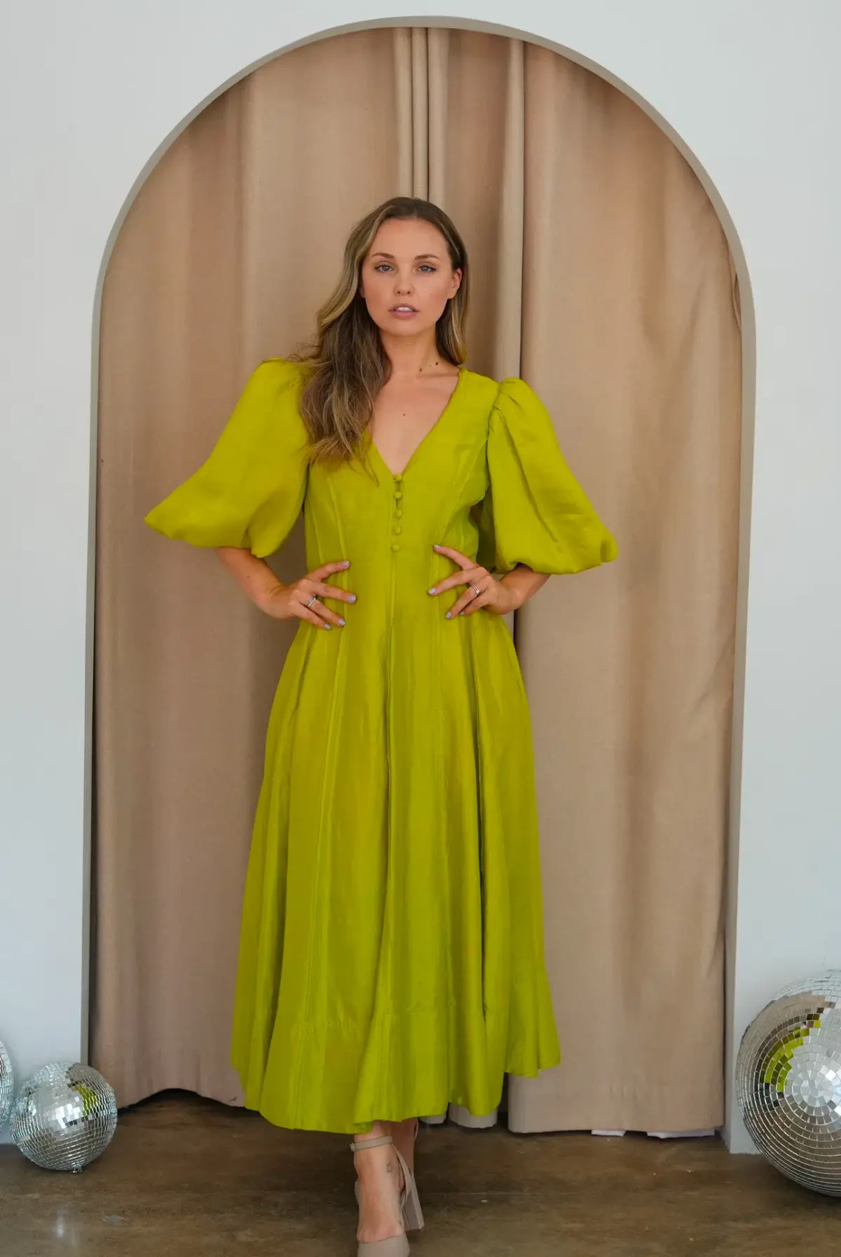 Aje Dusk Puff Sleeve Midi Dress Green Size AU 10 - Image 1