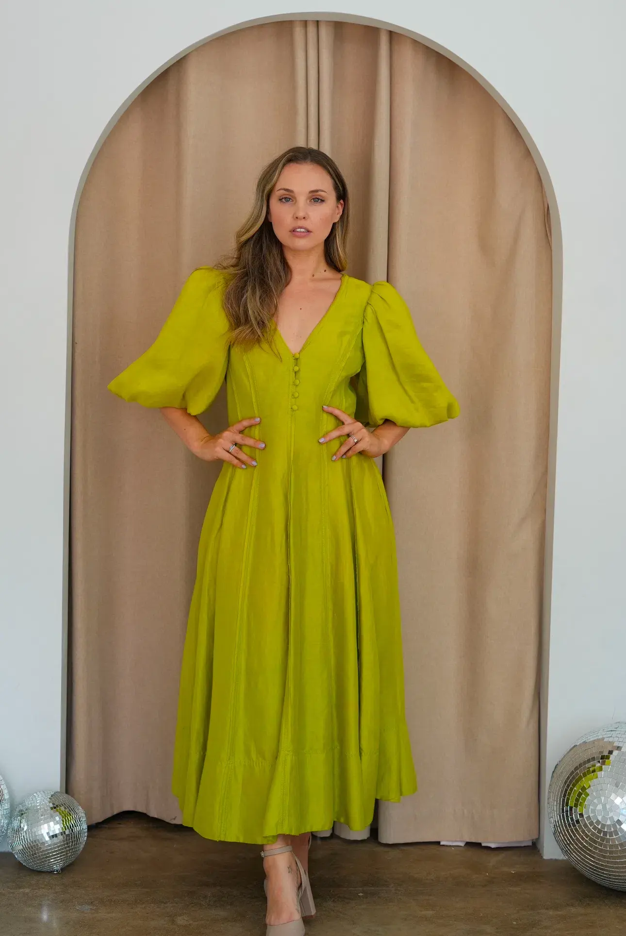 Aje Dusk Puff Sleeve Midi Dress Green Size AU 10 - Image 1