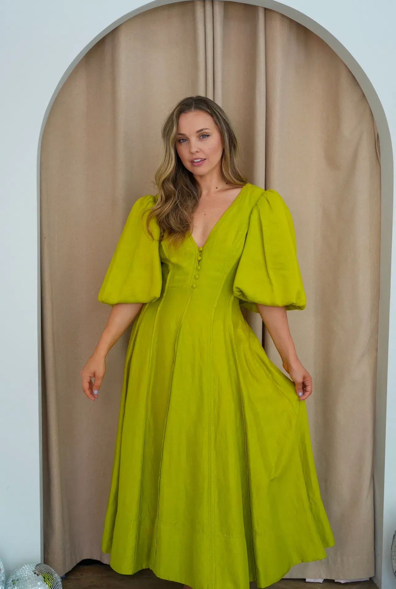 Aje Dusk Puff Sleeve Midi Dress Green Size AU 10 - Image 3
