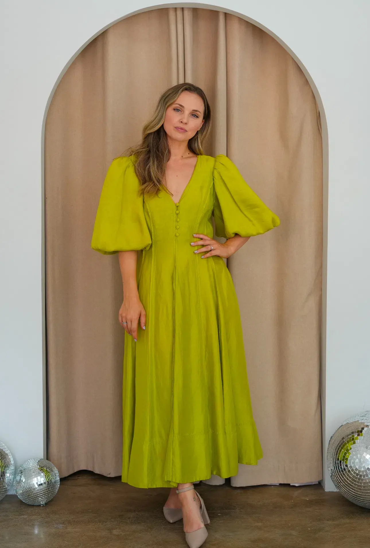 Aje Dusk Puff Sleeve Midi Dress Green Size AU 10 - Image 2