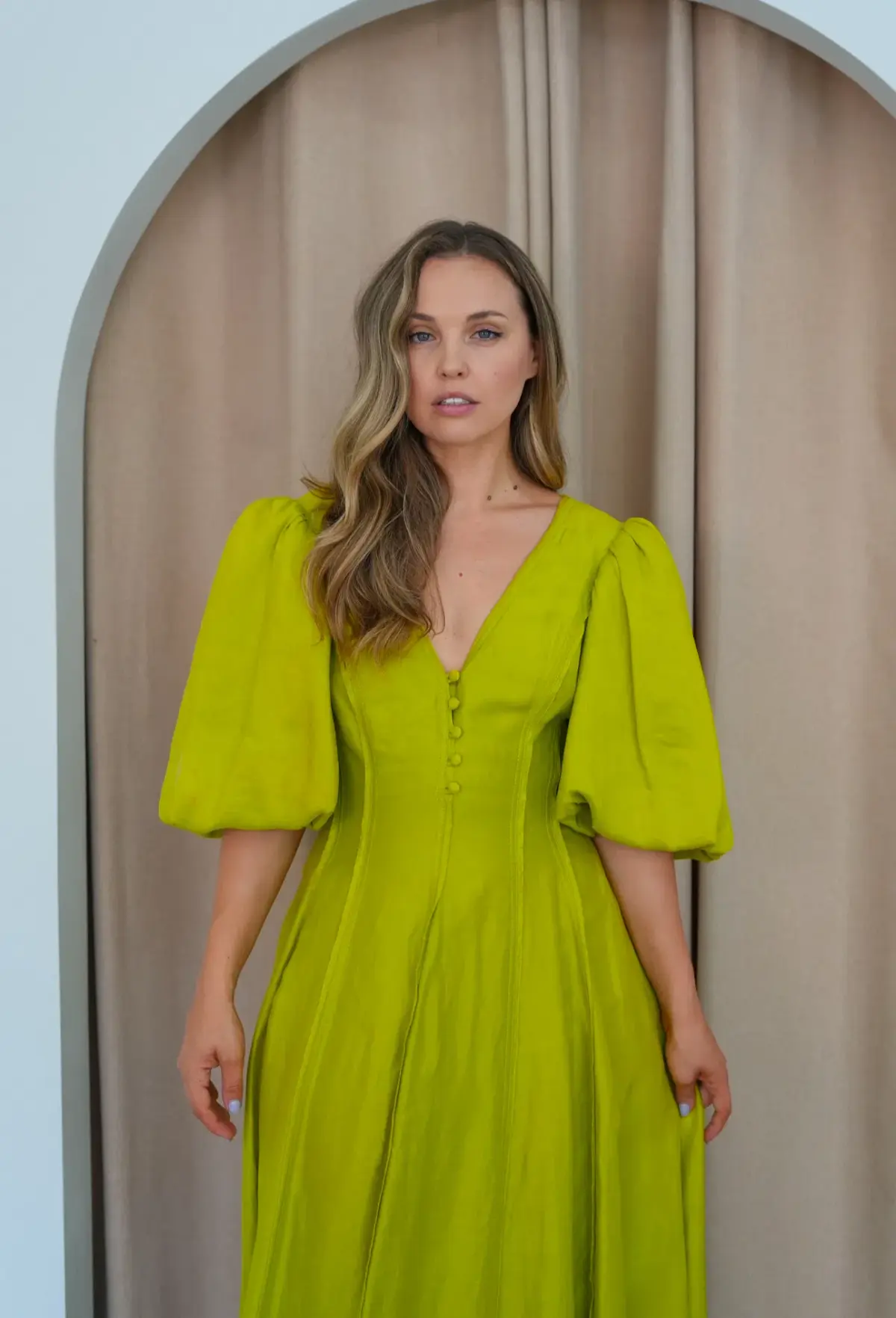 Aje Dusk Puff Sleeve Midi Dress Green Size AU 10 - Image 4