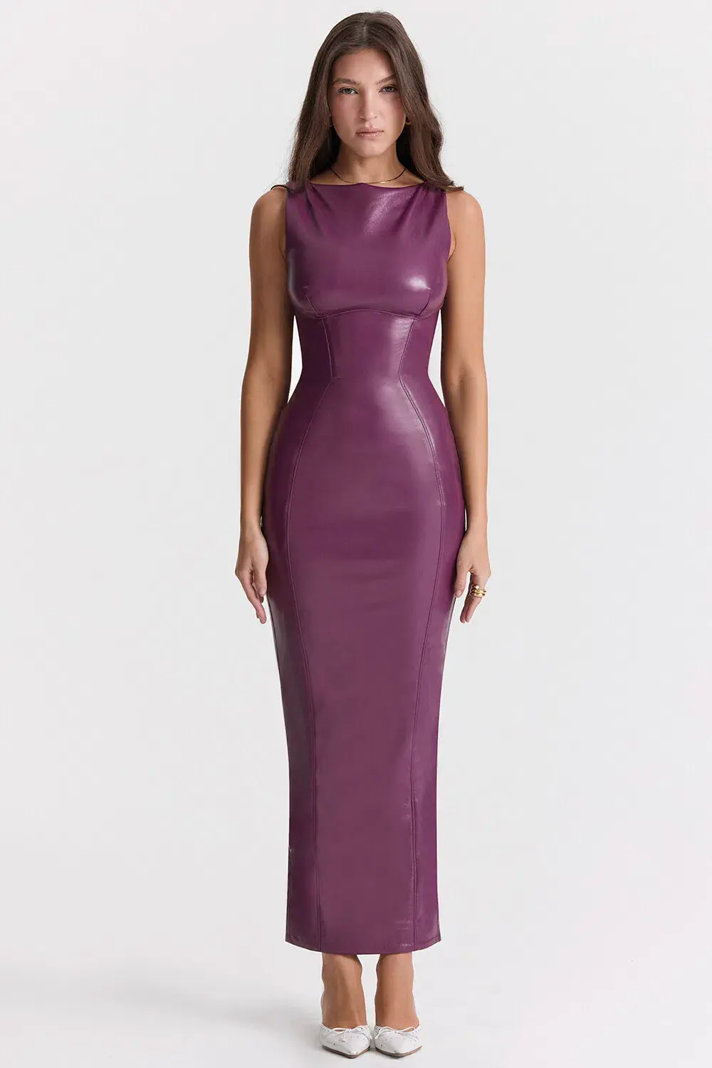 House of CB Sahara Merlot Vegan Leather Maxi Dress Purple Size Small / AU 8 for rent on The Volte - main image