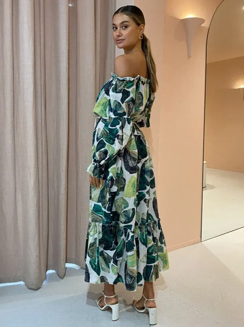 Alemais Siena Off Shoulder Shirt Midi Dress In Green Floral Long Sleeve Green Size AU 14 - Image 5