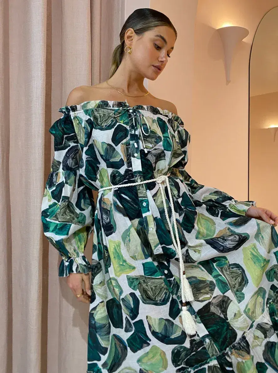 Alemais Siena Off Shoulder Shirt Midi Dress In Green Floral Long Sleeve Green Size AU 14 - Image 3