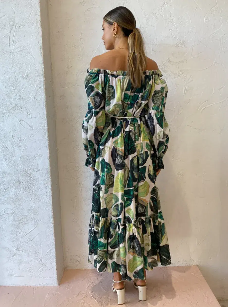 Alemais Siena Off Shoulder Shirt Midi Dress In Green Floral Long Sleeve Green Size AU 14 - Image 6