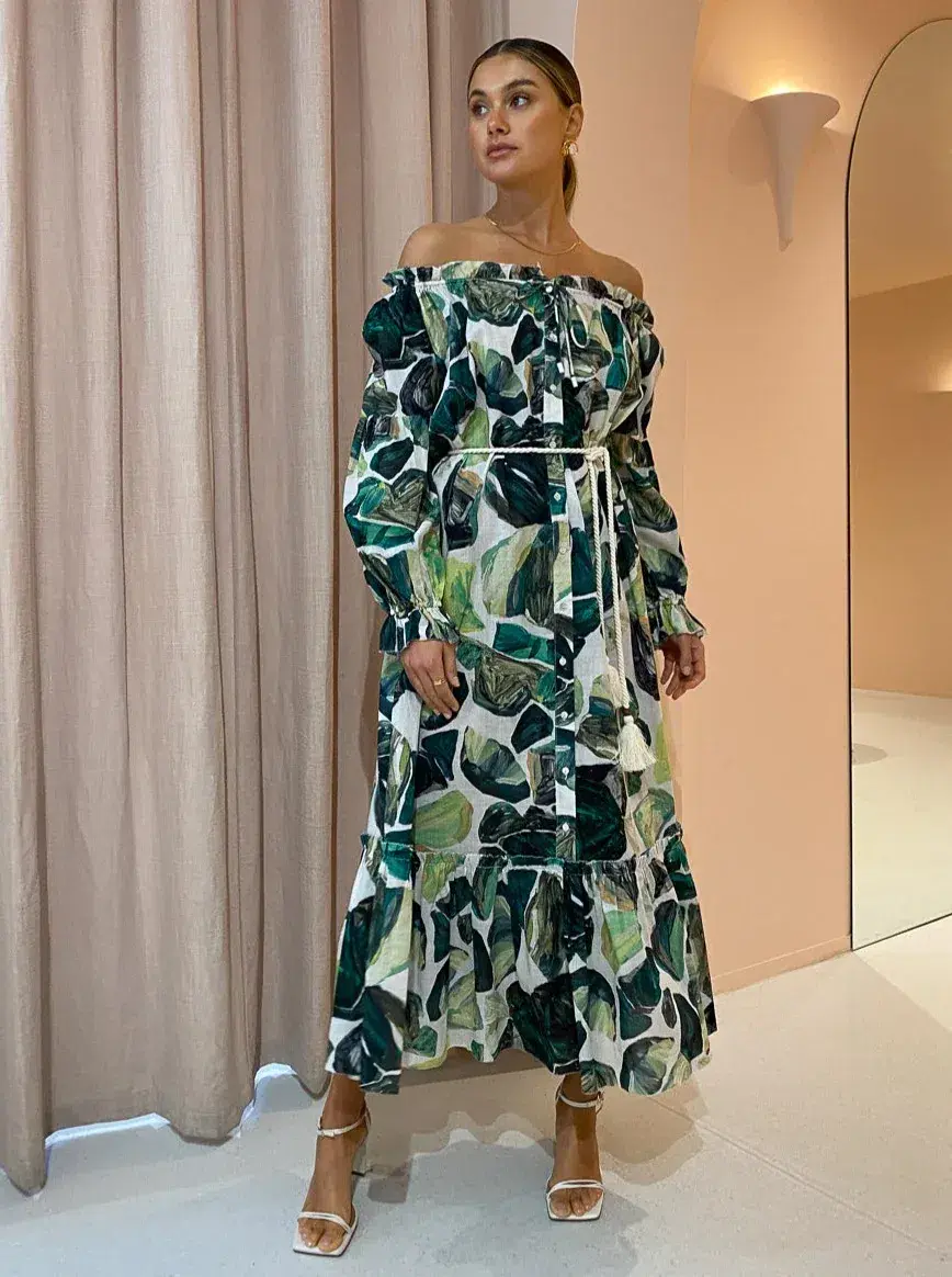 Alemais Siena Off Shoulder Shirt Midi Dress In Green Floral Long Sleeve Green Size AU 14 - Image 4