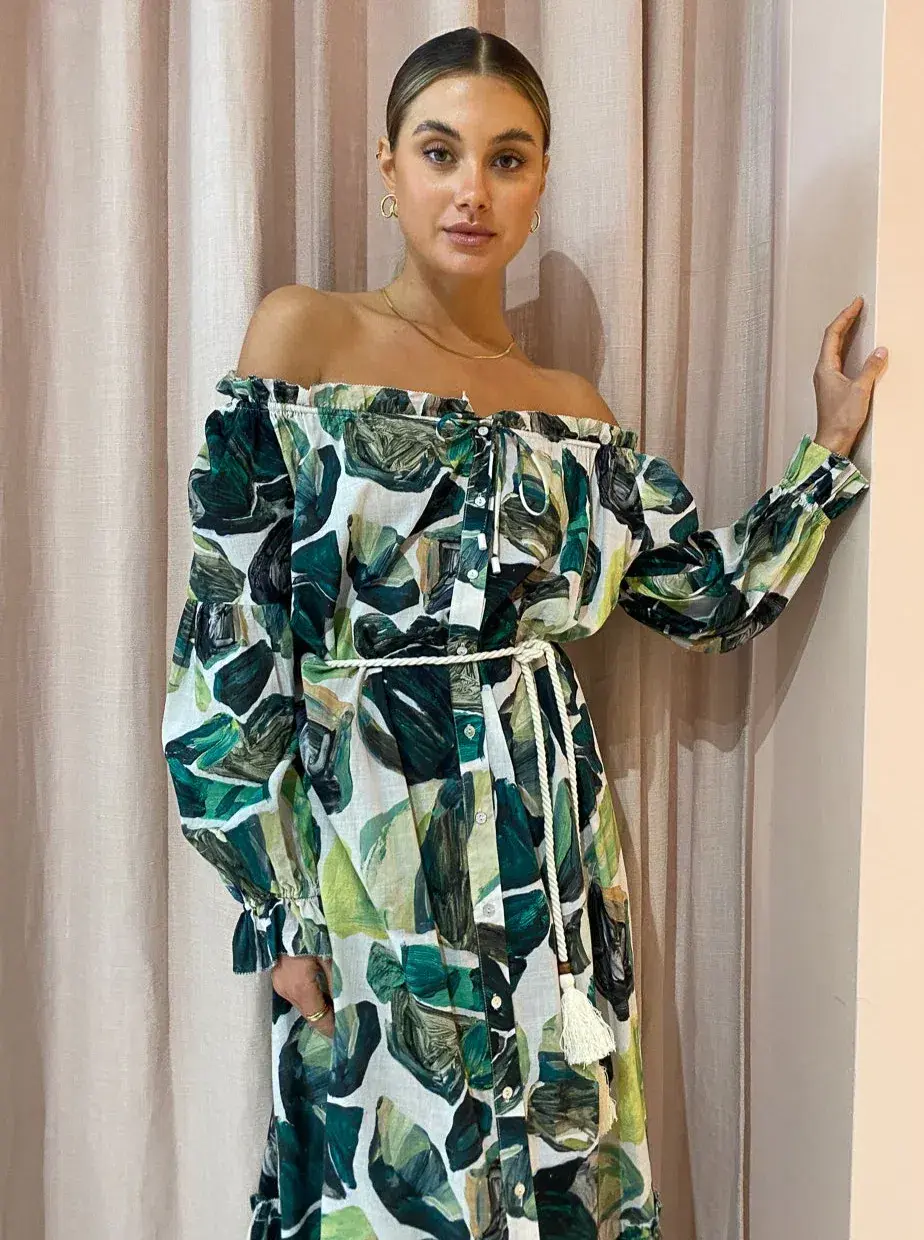Alemais Siena Off Shoulder Shirt Midi Dress In Green Floral Long Sleeve Green Size AU 14 for rent on The Volte - main image