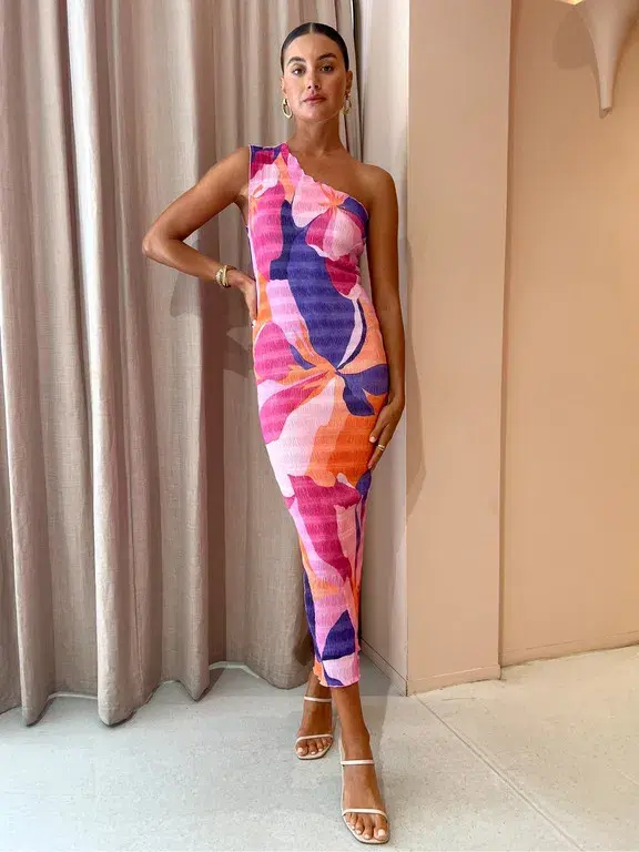 L'Idee Gigi Smocking Gown In Capri Print Pink Size AU 8 - Image 1