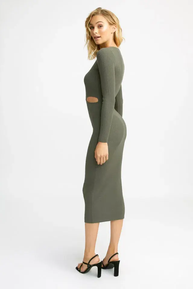 Kookai Lola Cut Out Long Sleeve Midi Dress Thyme Size 6 - Image 3