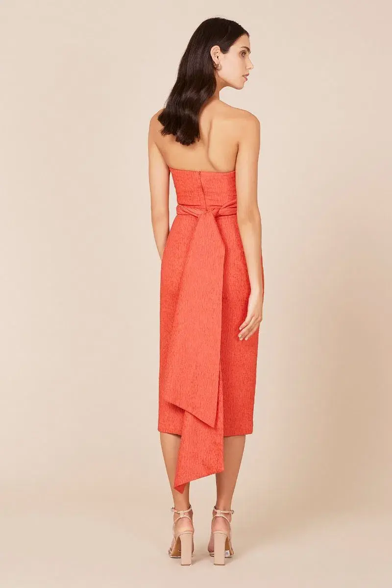Rebecca Vallance Francesca Tie Midi Dress Coral Strapless Bow Crepe Size 12 - Image 3