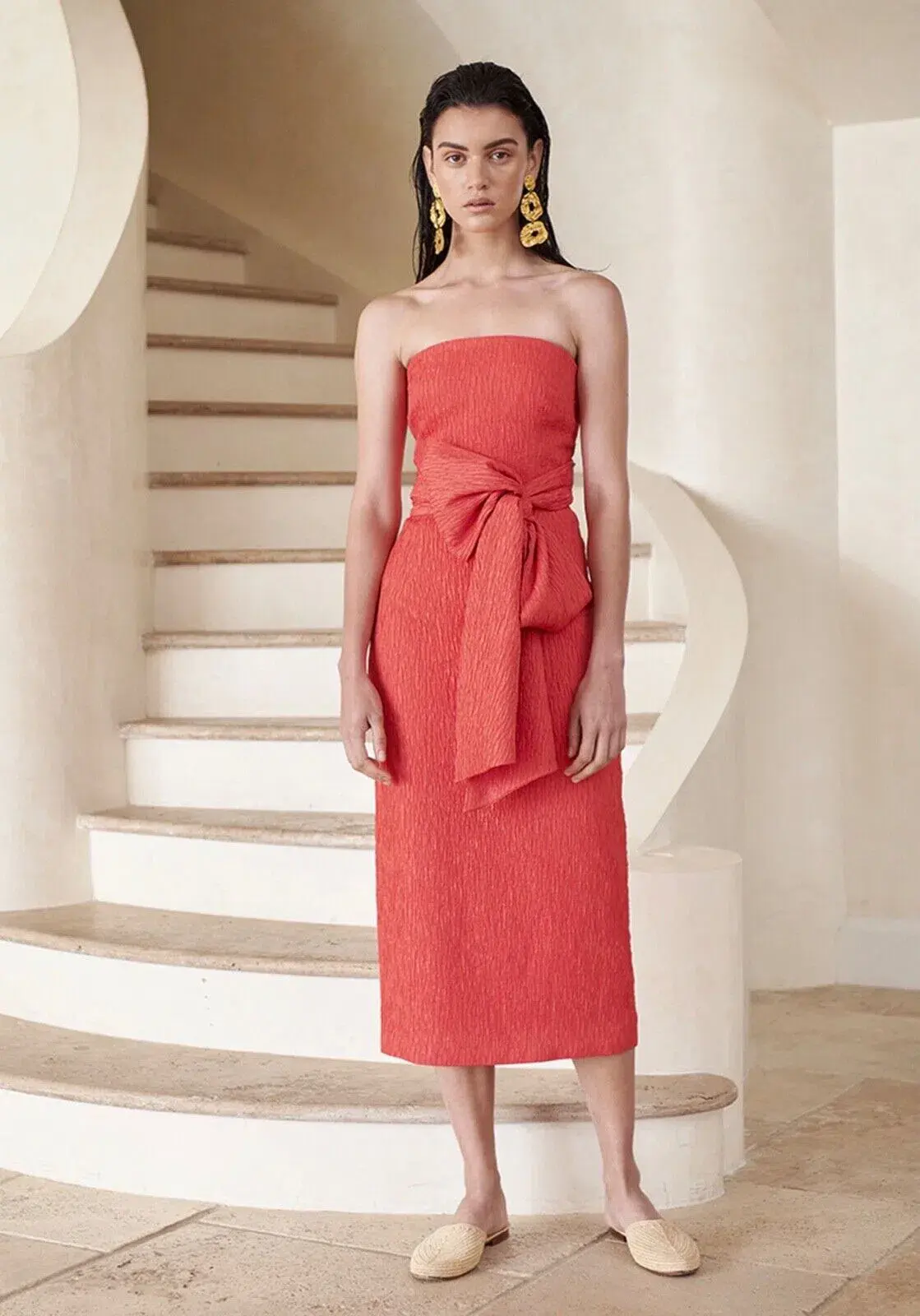 Rebecca Vallance Francesca Tie Midi Dress Coral Strapless Bow Crepe Size 12 - Image 1