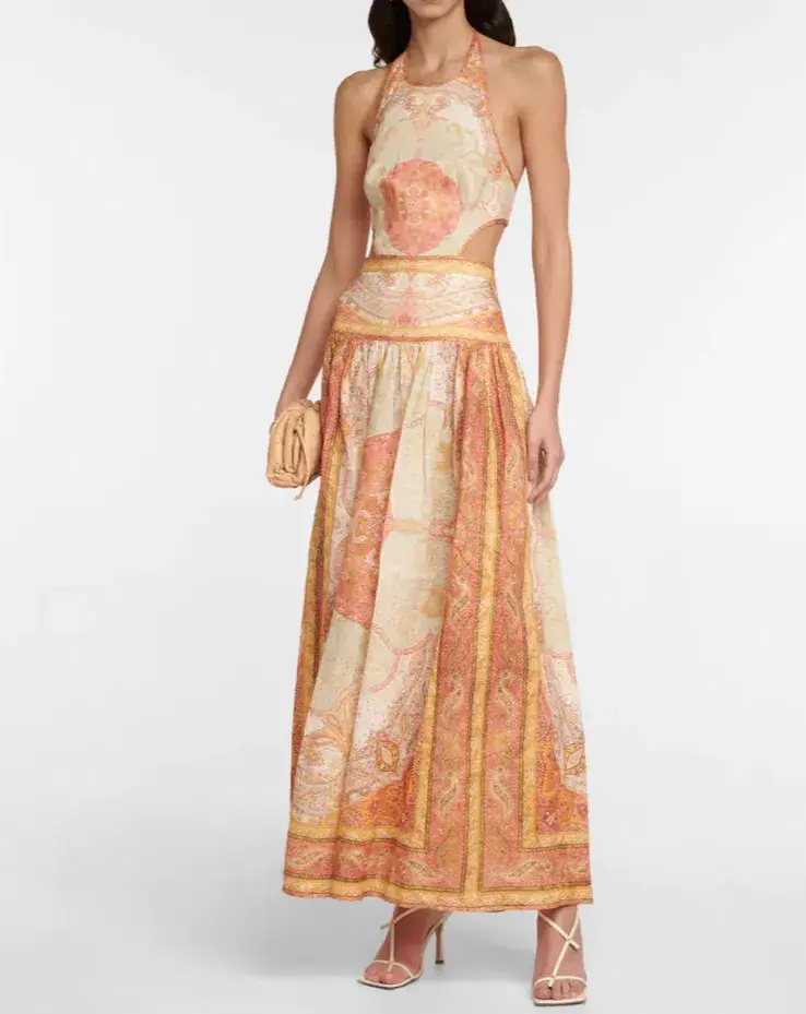 Zimmermann Anneke Cutout Paisley Linen Maxi Dress Orange Print Size 2 / AU 12 - Image 3