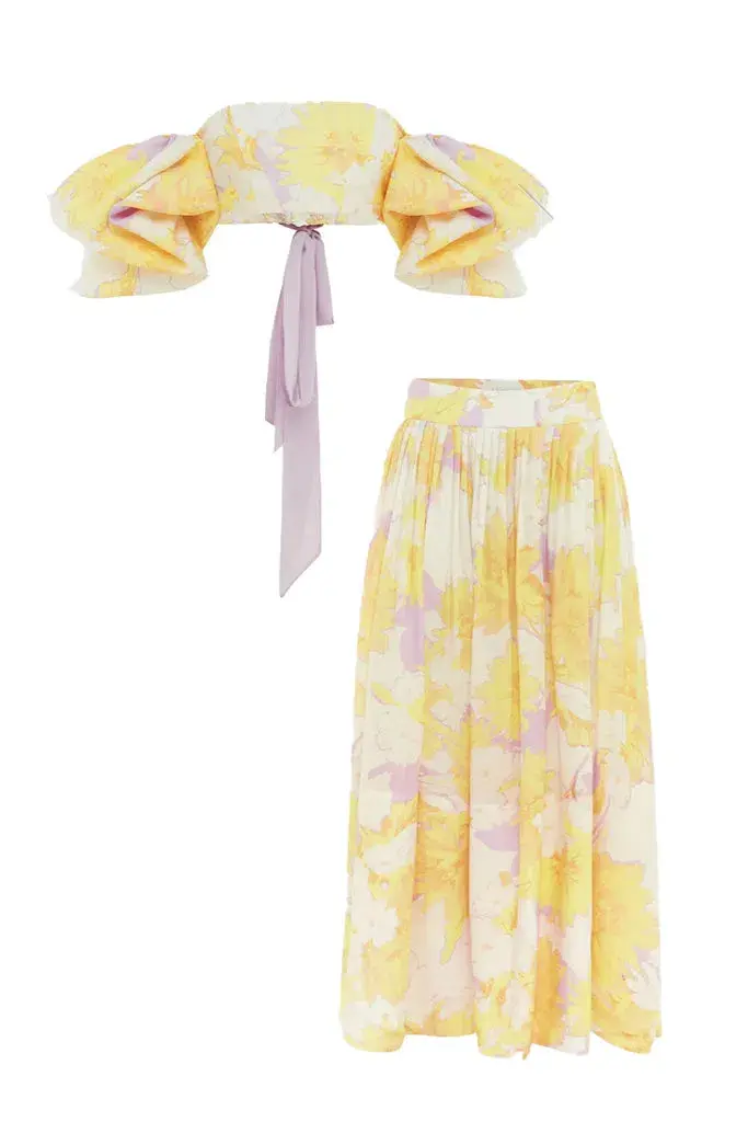 Leo Lin Simone Puff Top in Size 10 & Elina Pleated Midi Skirt in Size 8 Set Jasmine Print in Sun - Image 2