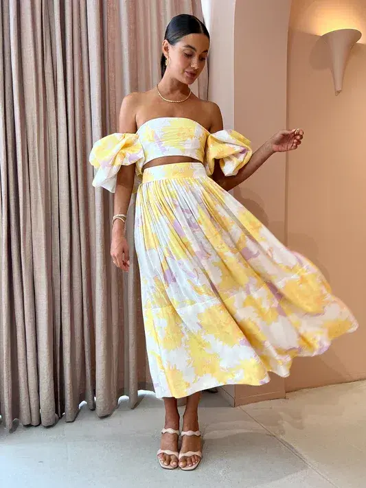 Leo Lin Simone Puff Top in Size 10 & Elina Pleated Midi Skirt in Size 8 Set Jasmine Print in Sun - Image 1