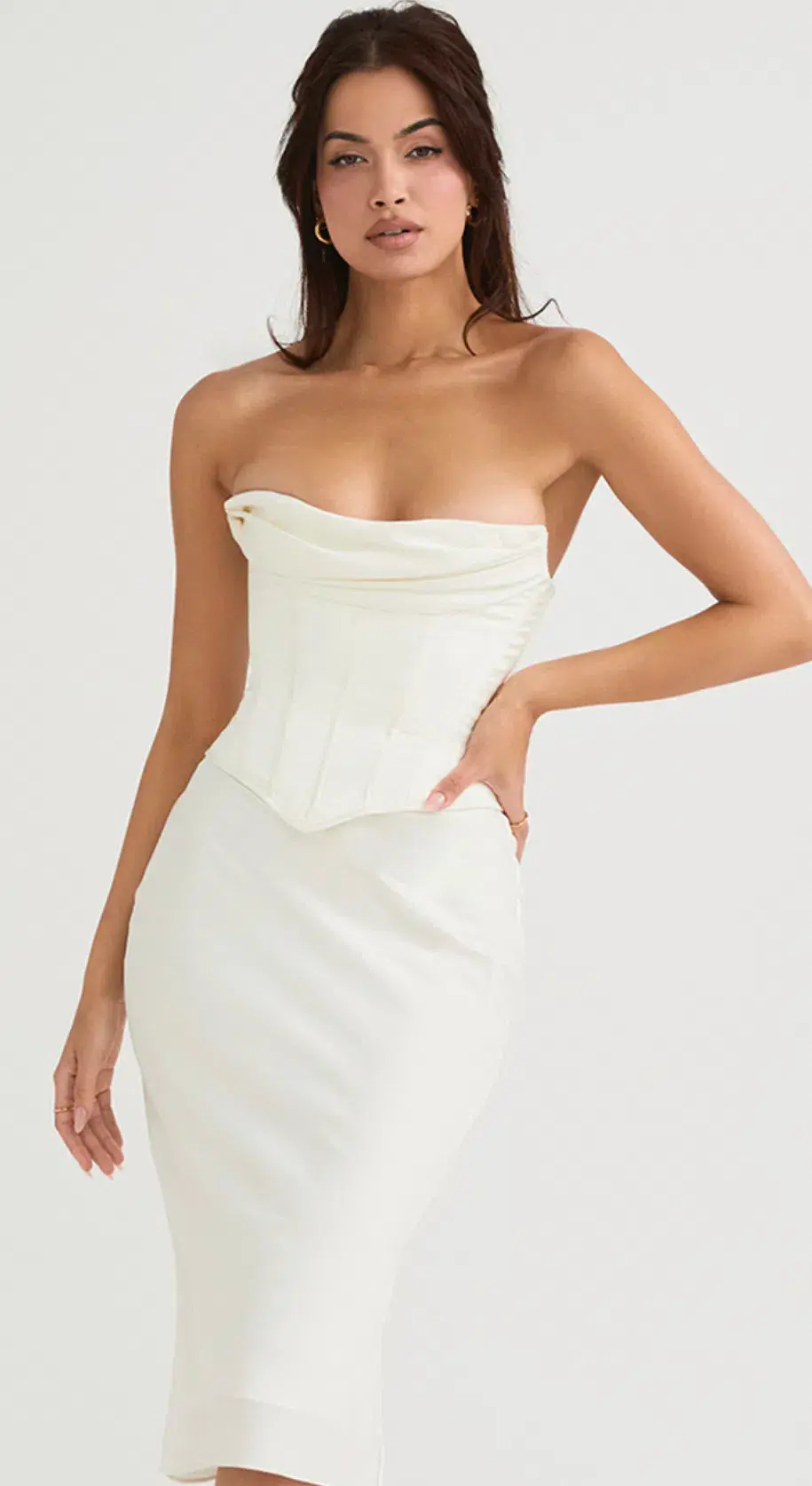 House Of Cb Sienna Satin Strapless Dress Ivory Size M/Au 10  for rent on The Volte - main image