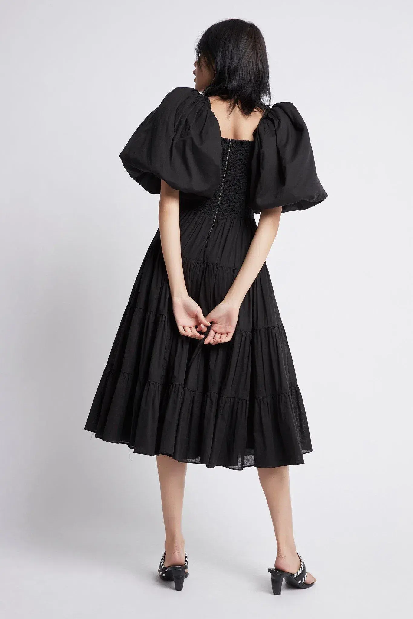 Aje Cherished Casa Puff Sleeve Midi Dress Black Tiered Size AU 8 - Image 3